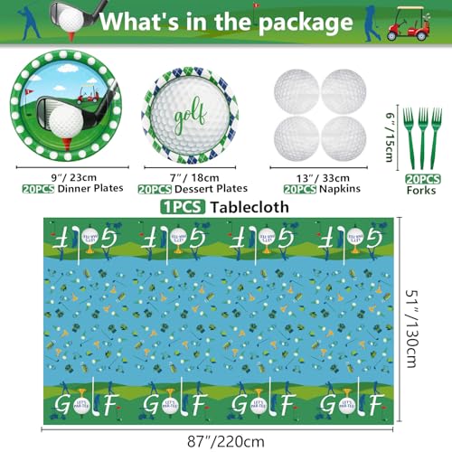QUERICKY Golf Party Supplies for 20 Guests – Disposable Tableware Set with Plates, Napkins, Forks & Tablecloth