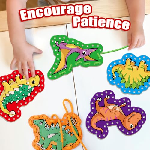Quilinz Dinosaur Lacing Cards for Kids – Fine Motor Skills Toy with 9 Cards and Laces
