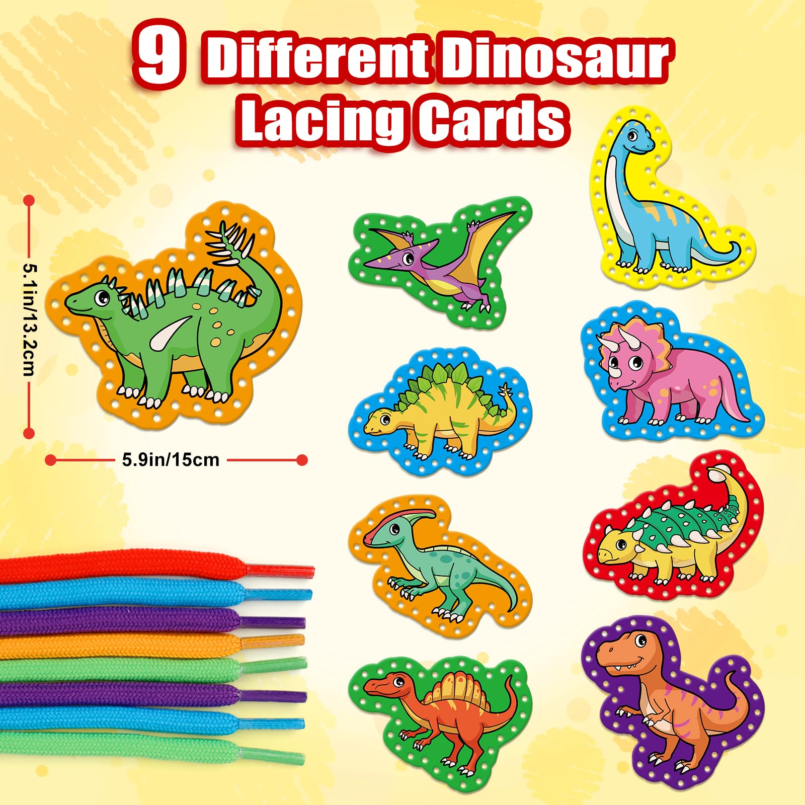 Quilinz Dinosaur Lacing Cards for Kids – Fine Motor Skills Toy with 9 Cards and Laces