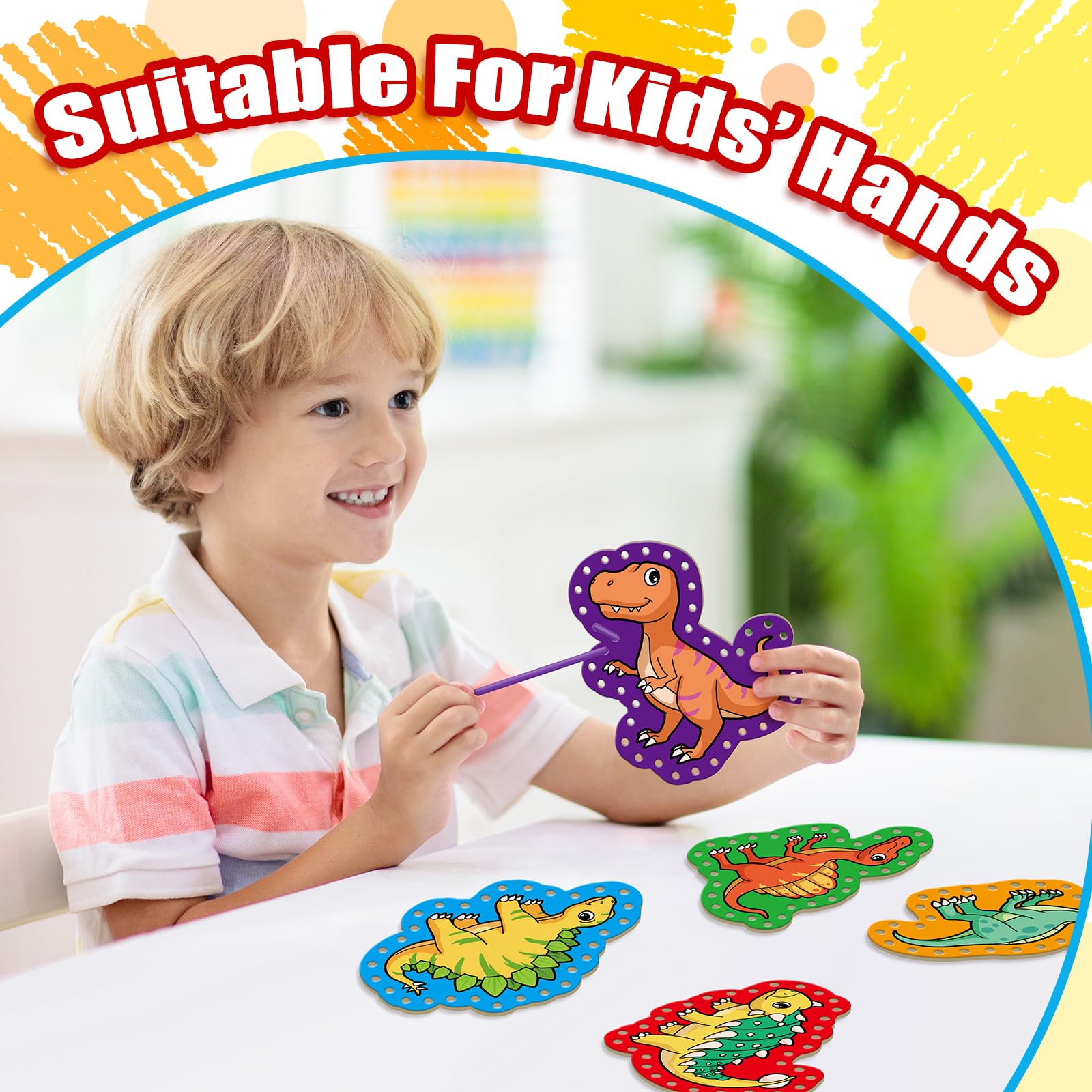 Quilinz Dinosaur Lacing Cards for Kids – Fine Motor Skills Toy with 9 Cards and Laces