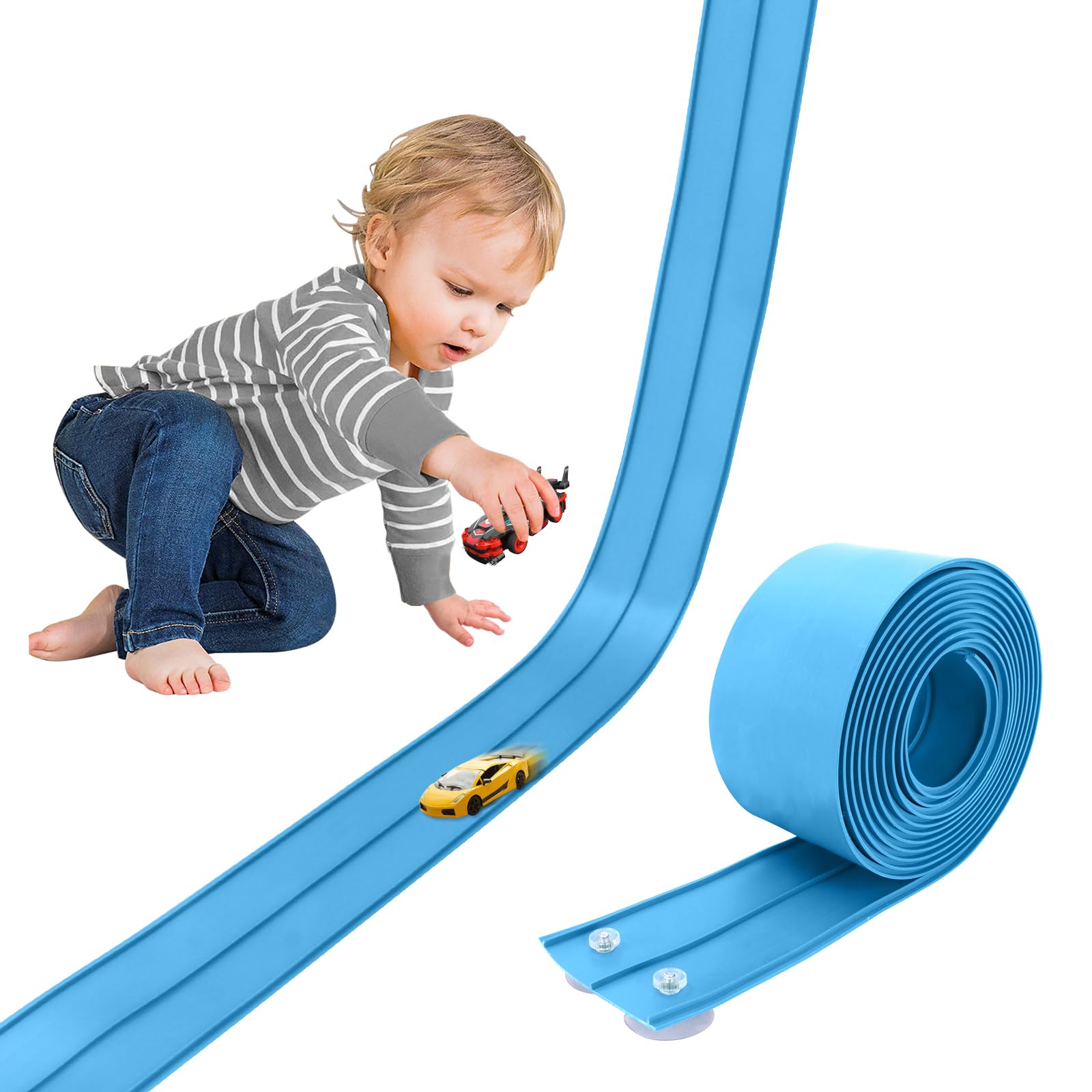 Quini 15 ft Cobalt Blue Flexible Race Track with Suction Cups, Two-Lane, Compatible with Hot Wheels