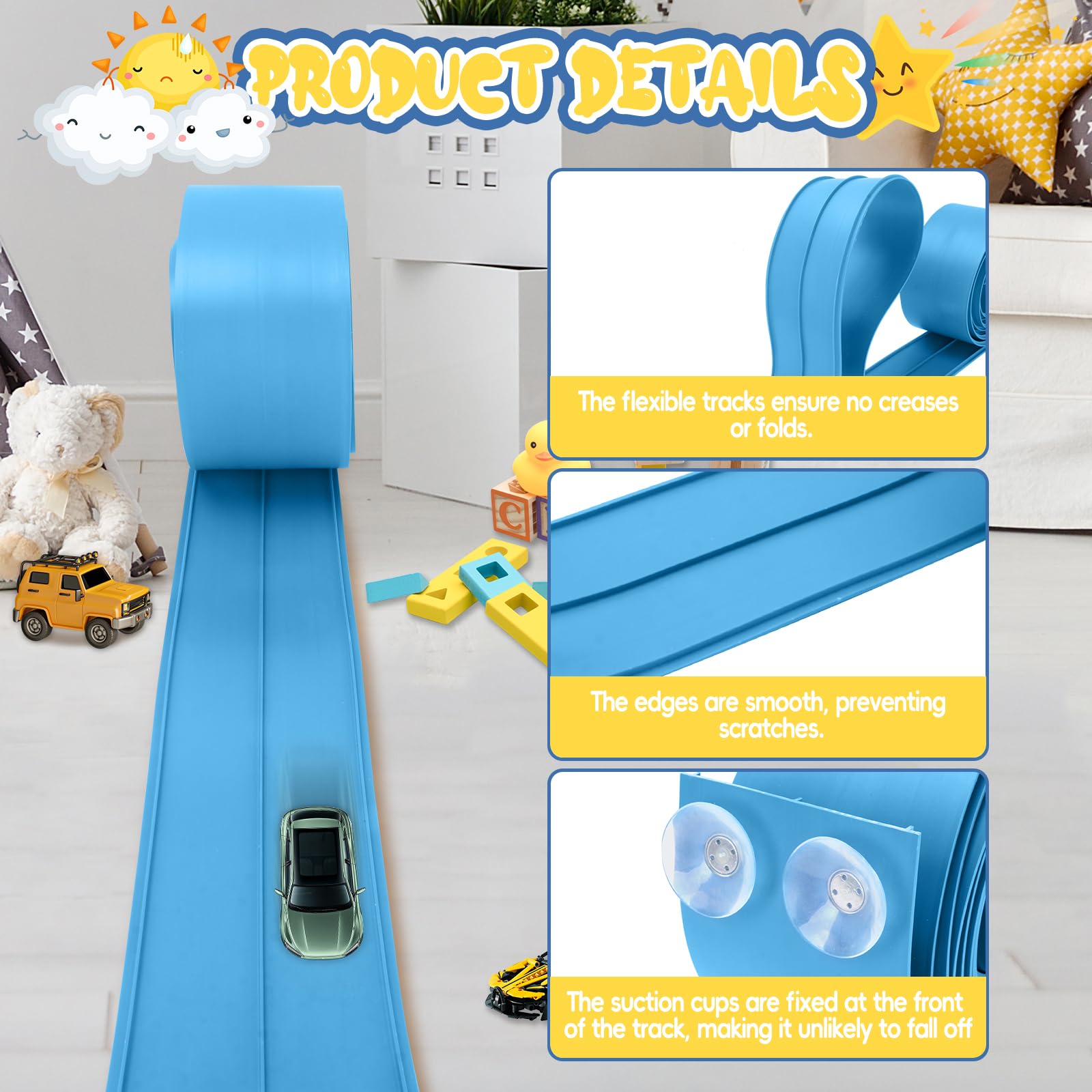 Quini 15 ft Cobalt Blue Flexible Race Track with Suction Cups, Two-Lane, Compatible with Hot Wheels