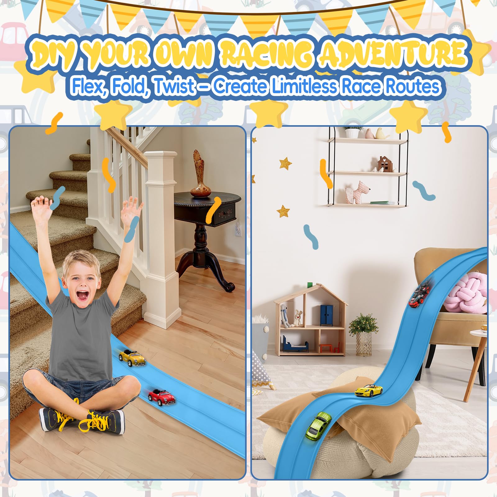 Quini 15 ft Cobalt Blue Flexible Race Track with Suction Cups, Two-Lane, Compatible with Hot Wheels