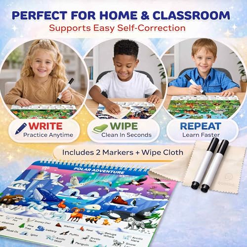 QUOKKA Busy Book for Toddlers 3-5 – Wildlife Search and Find Activity Book with 640+ Hidden Objects, Reusable Dry Erase Workbook