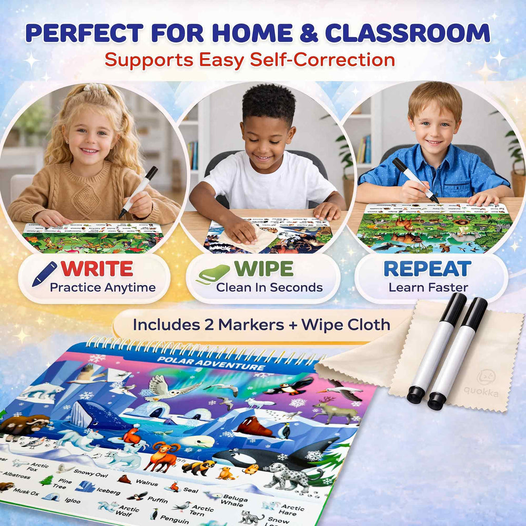 QUOKKA Busy Book for Toddlers 3-5 – Wildlife Search and Find Activity Book with 640+ Hidden Objects, Reusable Dry Erase Workbook
