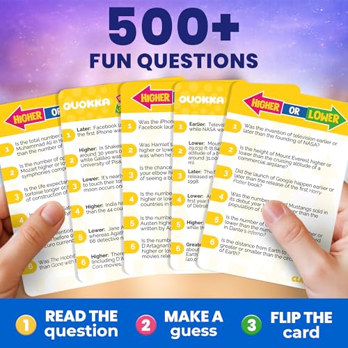 QUOKKA Higher or Lower Trivia Card Game – 500+ Questions for Family Game Night