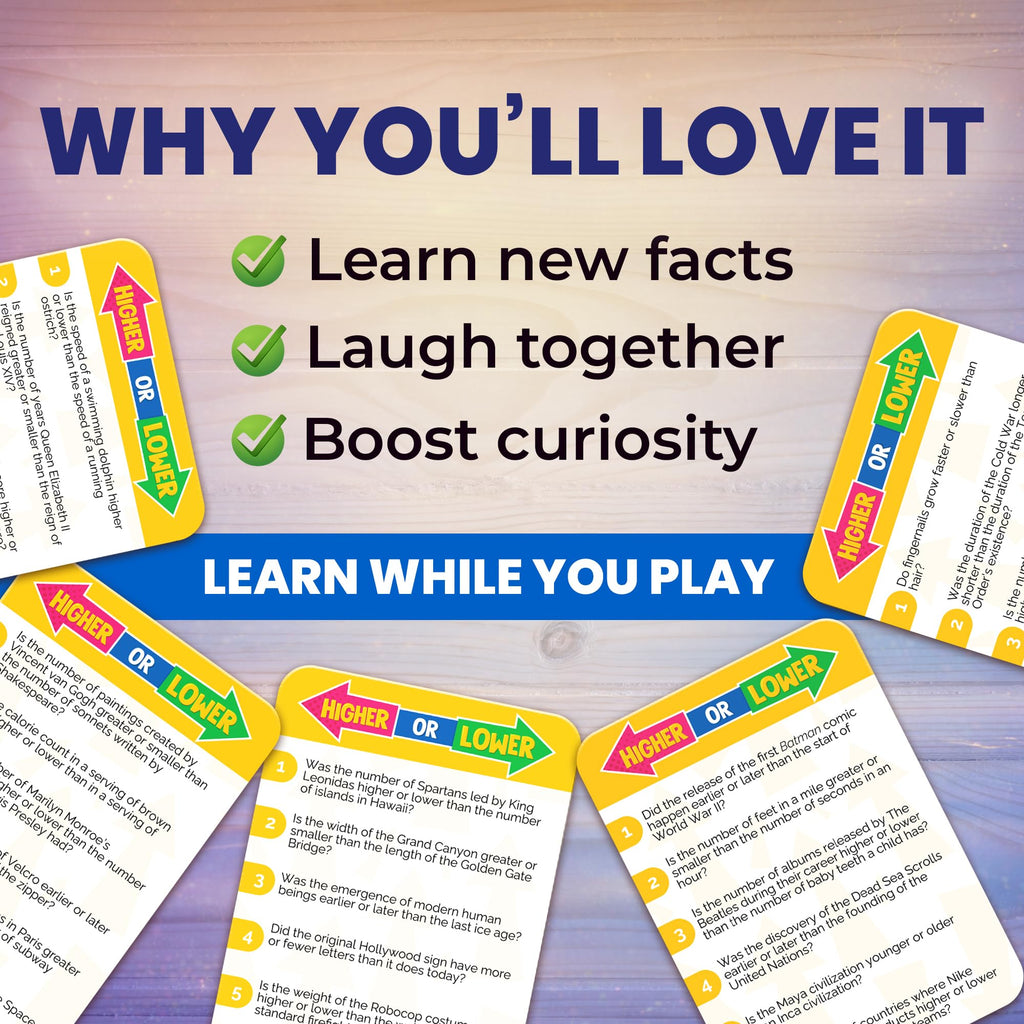 QUOKKA Higher or Lower Trivia Card Game – 500+ Questions for Family Game Night
