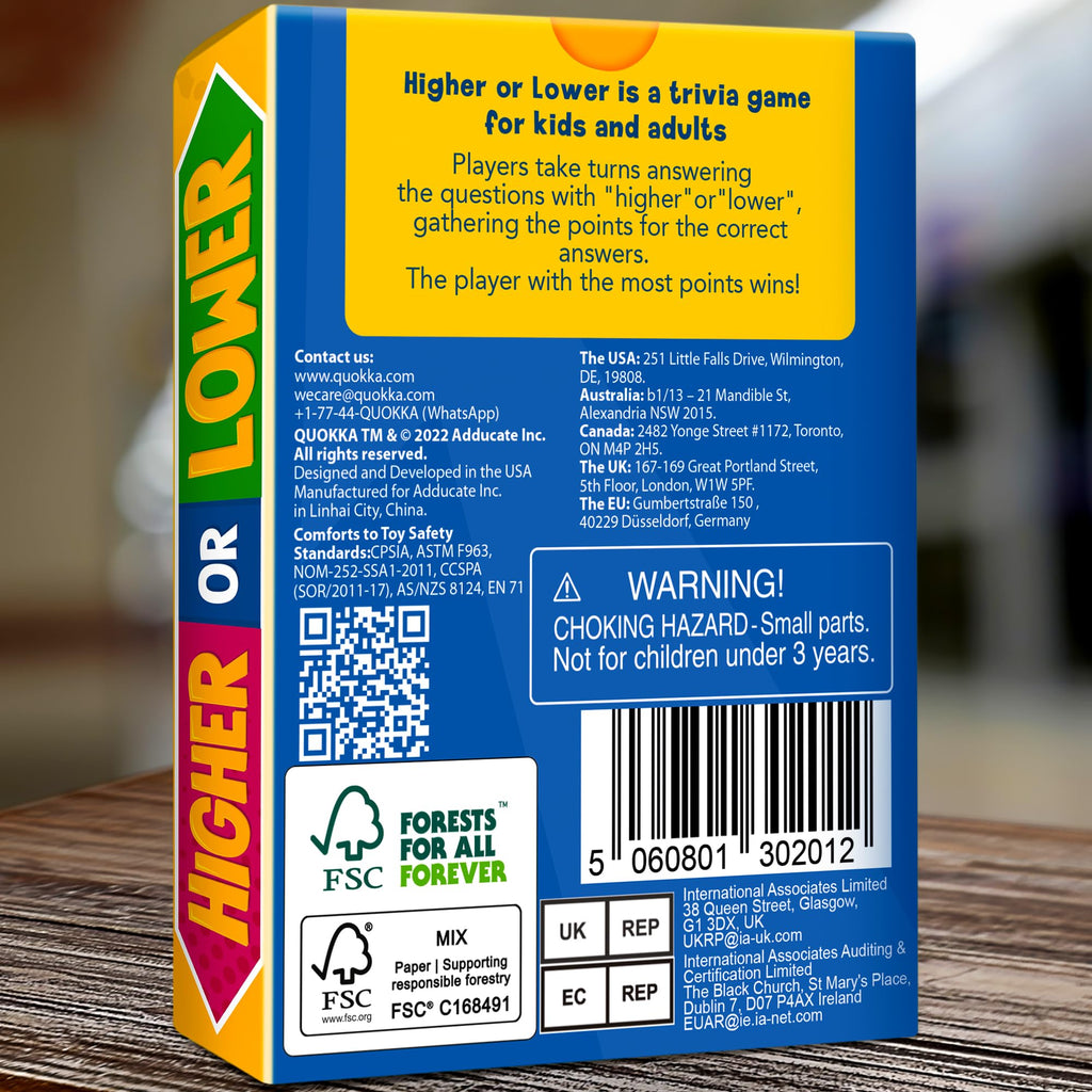 QUOKKA Higher or Lower Trivia Card Game – 500+ Questions for Family Game Night