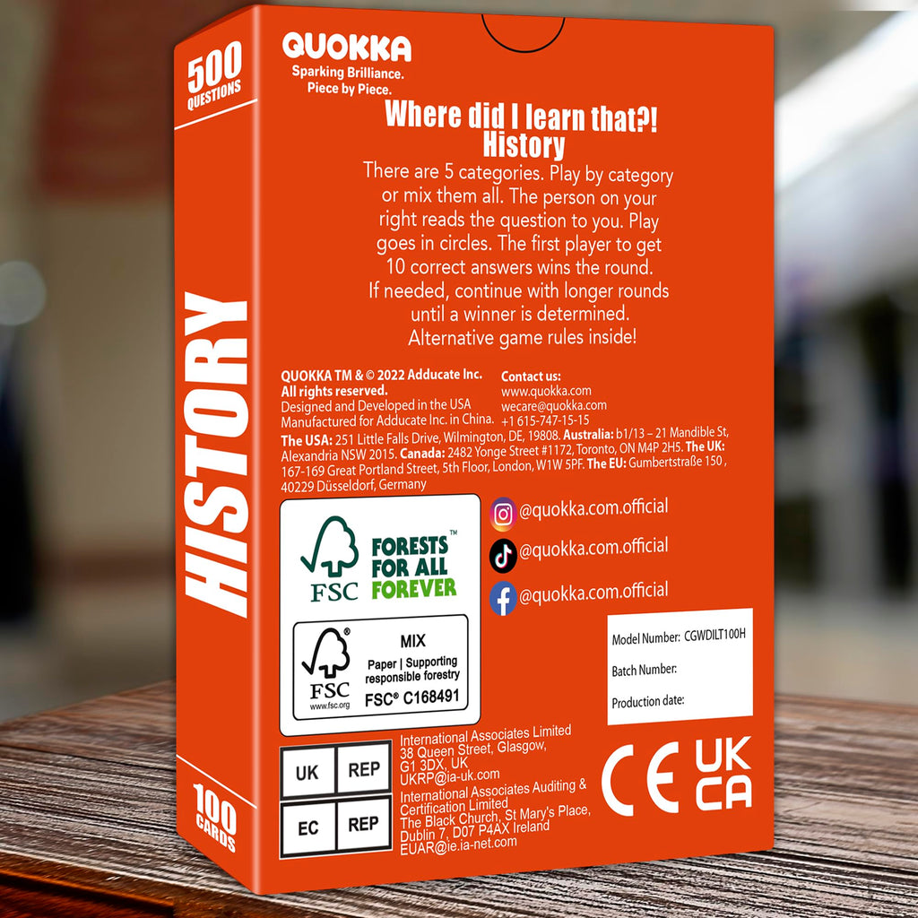 QUOKKA History Trivia Card Game: 500 Questions for Adults, Teens & Family Game Night