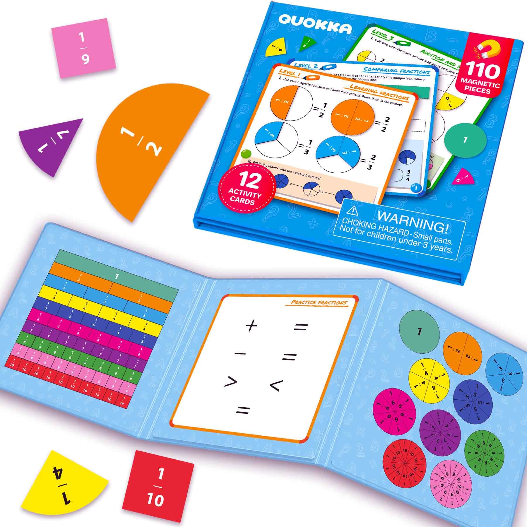 QUOKKA Magnetic Fractions Learning Set – 110 Magnets, 12 Task Pages, Marker – Math Games for Kids Ages 6-10, Homeschool & Travel