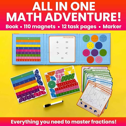 QUOKKA Magnetic Fractions Learning Set – 110 Magnets, 12 Task Pages, Marker – Math Games for Kids Ages 6-10, Homeschool & Travel