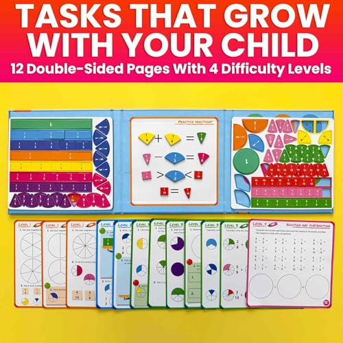 QUOKKA Magnetic Fractions Learning Set – 110 Magnets, 12 Task Pages, Marker – Math Games for Kids Ages 6-10, Homeschool & Travel