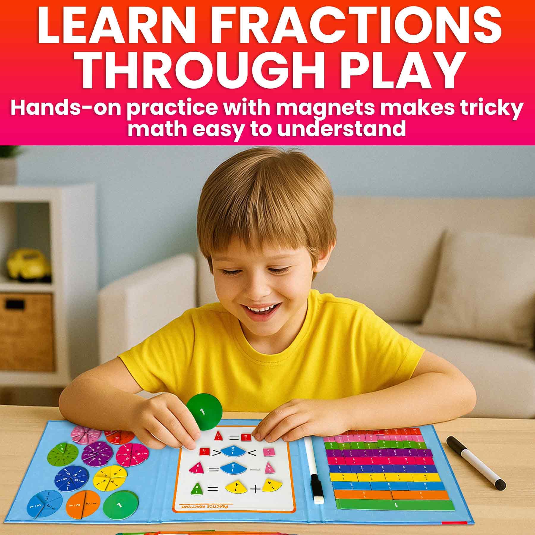 QUOKKA Magnetic Fractions Learning Set – 110 Magnets, 12 Task Pages, Marker – Math Games for Kids Ages 6-10, Homeschool & Travel