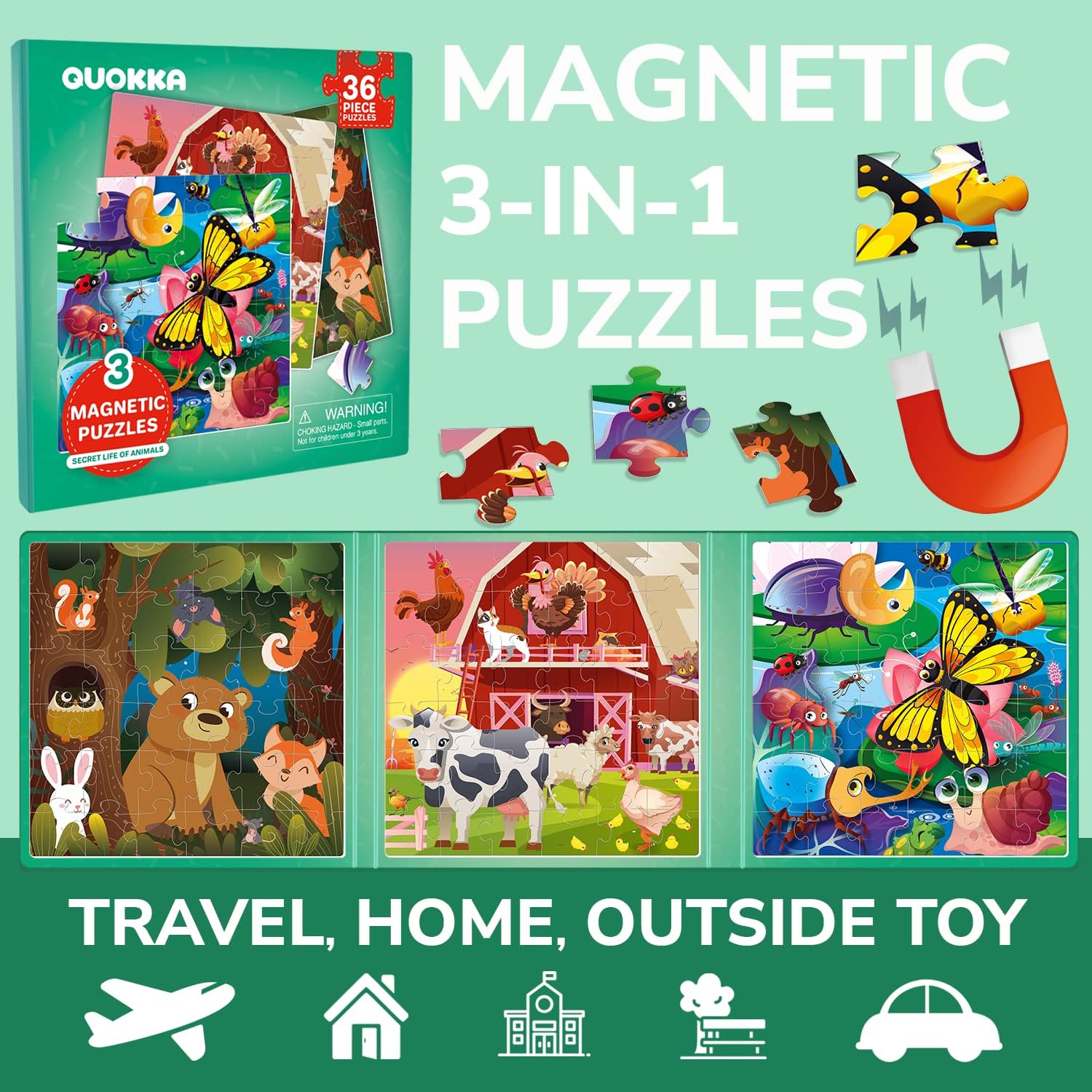 QUOKKA Magnetic Puzzle Book for Toddlers – 36 Piece Animal Puzzles for Travel – Ages 2-6