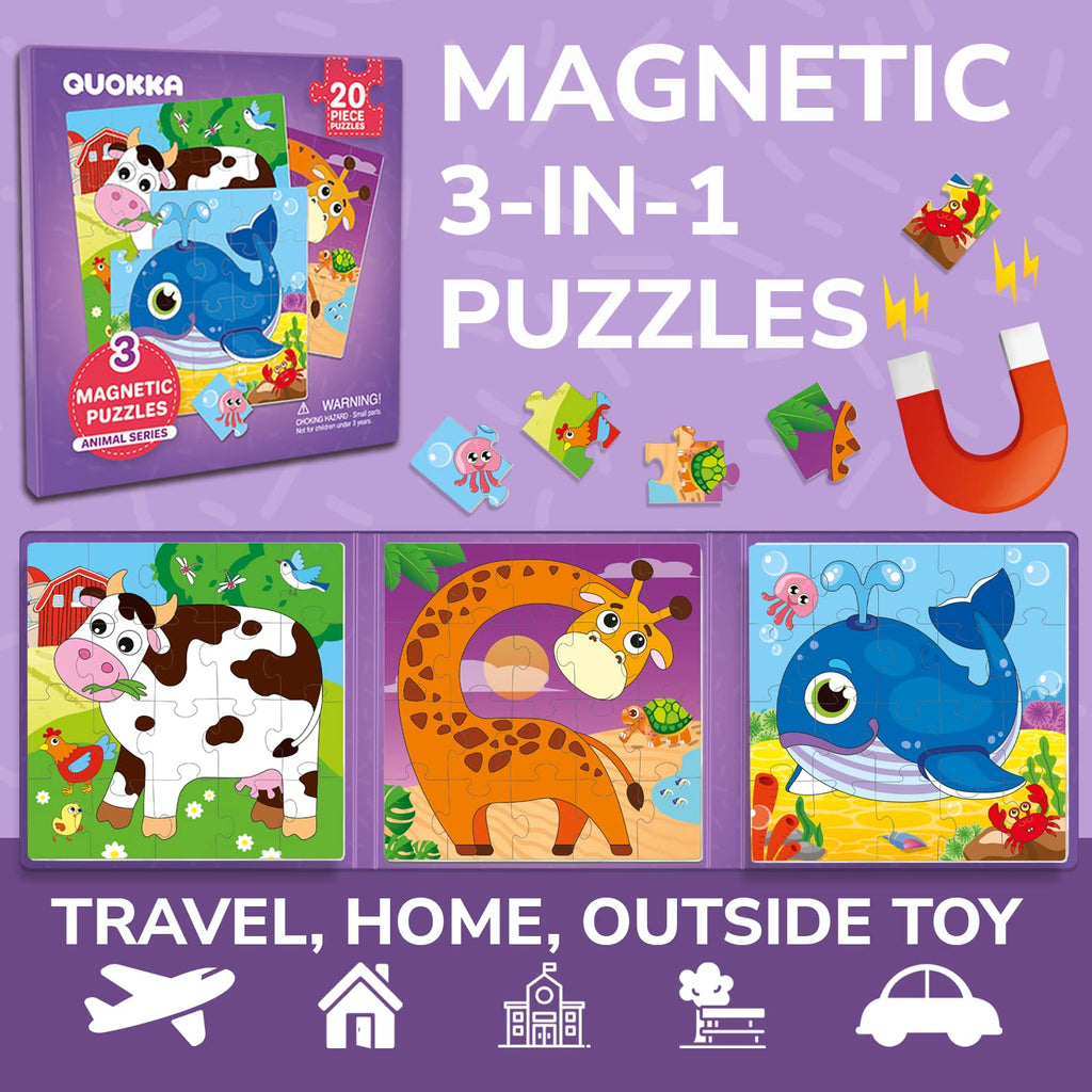QUOKKA Magnetic Puzzles for Kids 1-5 – 20-Piece Animal Travel Game Book for Toddlers