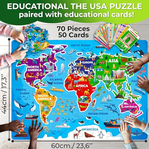QUOKKA World Map Floor Puzzle – 70 Continent-Shaped Pieces with 50 Fact Cards (400+ Facts)