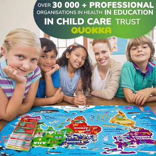 QUOKKA World Map Floor Puzzle – 70 Continent-Shaped Pieces with 50 Fact Cards (400+ Facts)