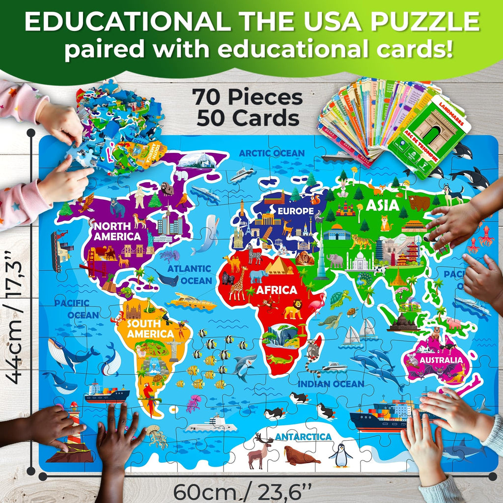 QUOKKA World Map Floor Puzzle – 70 Continent-Shaped Pieces with 50 Fact Cards (400+ Facts)
