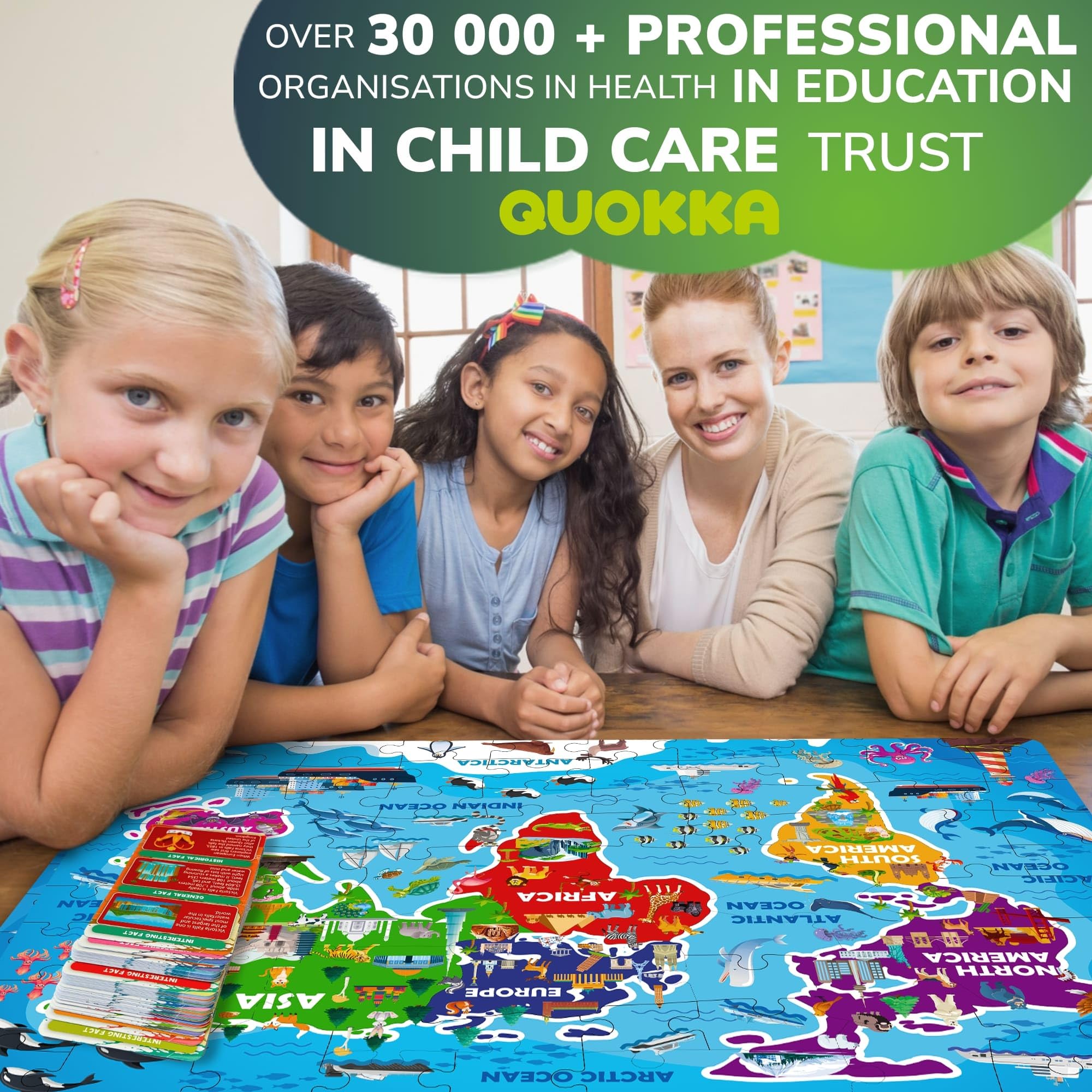 QUOKKA World Map Floor Puzzle – 70 Continent-Shaped Pieces with 50 Fact Cards (400+ Facts)