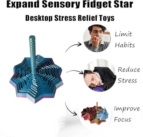 QWZFirst 3D Printed Expanded Sensory Fidget Star – Rainbow Spinning Stress Relief Toy with Handle for Office Desk (Large, 25 Rings)