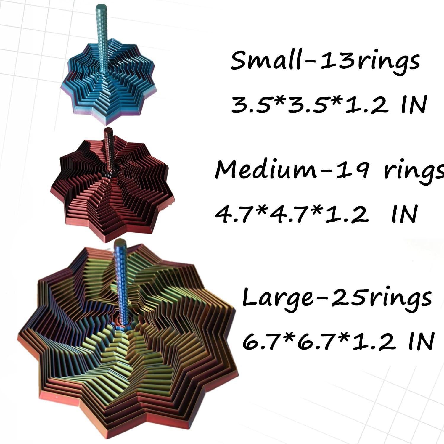 QWZFirst Expanded Sensory Fidget Star – 3D Printed Stress-Relief Spinning Tower Toy with Handle, Red-Blue-Cyan, 25 Rings