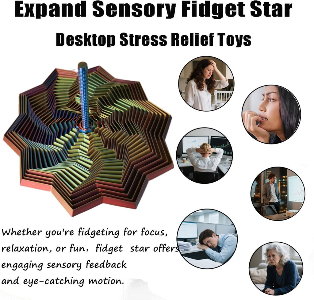 QWZFirst Expanded Sensory Fidget Star – 3D Printed Stress-Relief Spinning Tower Toy with Handle, Red-Blue-Cyan, 25 Rings