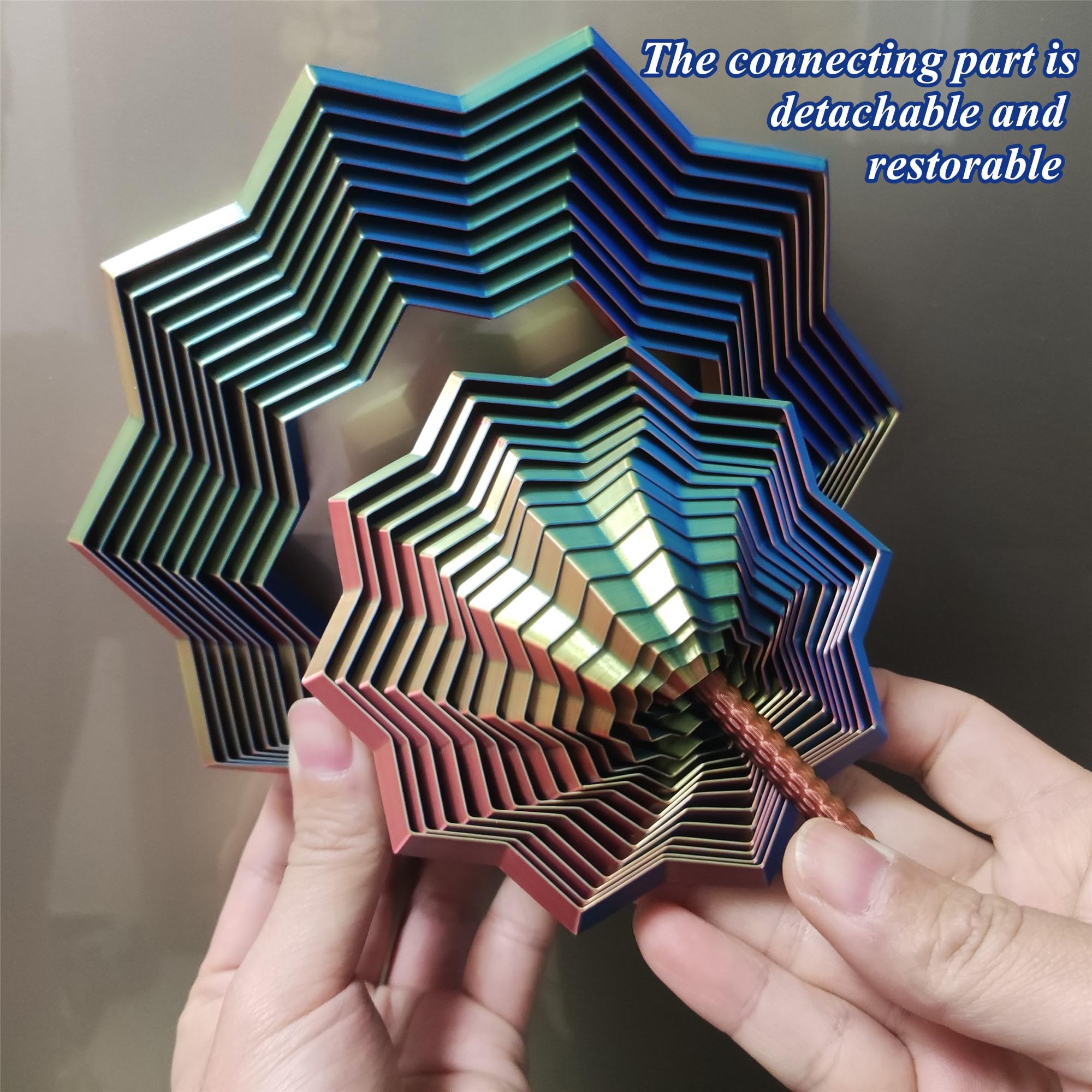 QWZFirst Expanded Sensory Fidget Star – 3D Printed Stress-Relief Spinning Tower Toy with Handle, Red-Blue-Cyan, 25 Rings