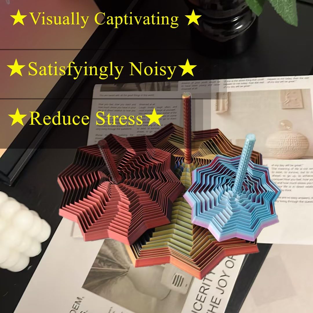 QWZFirst Expanded Sensory Fidget Star – 3D Printed Stress-Relief Spinning Tower Toy with Handle, Red-Blue-Cyan, 25 Rings