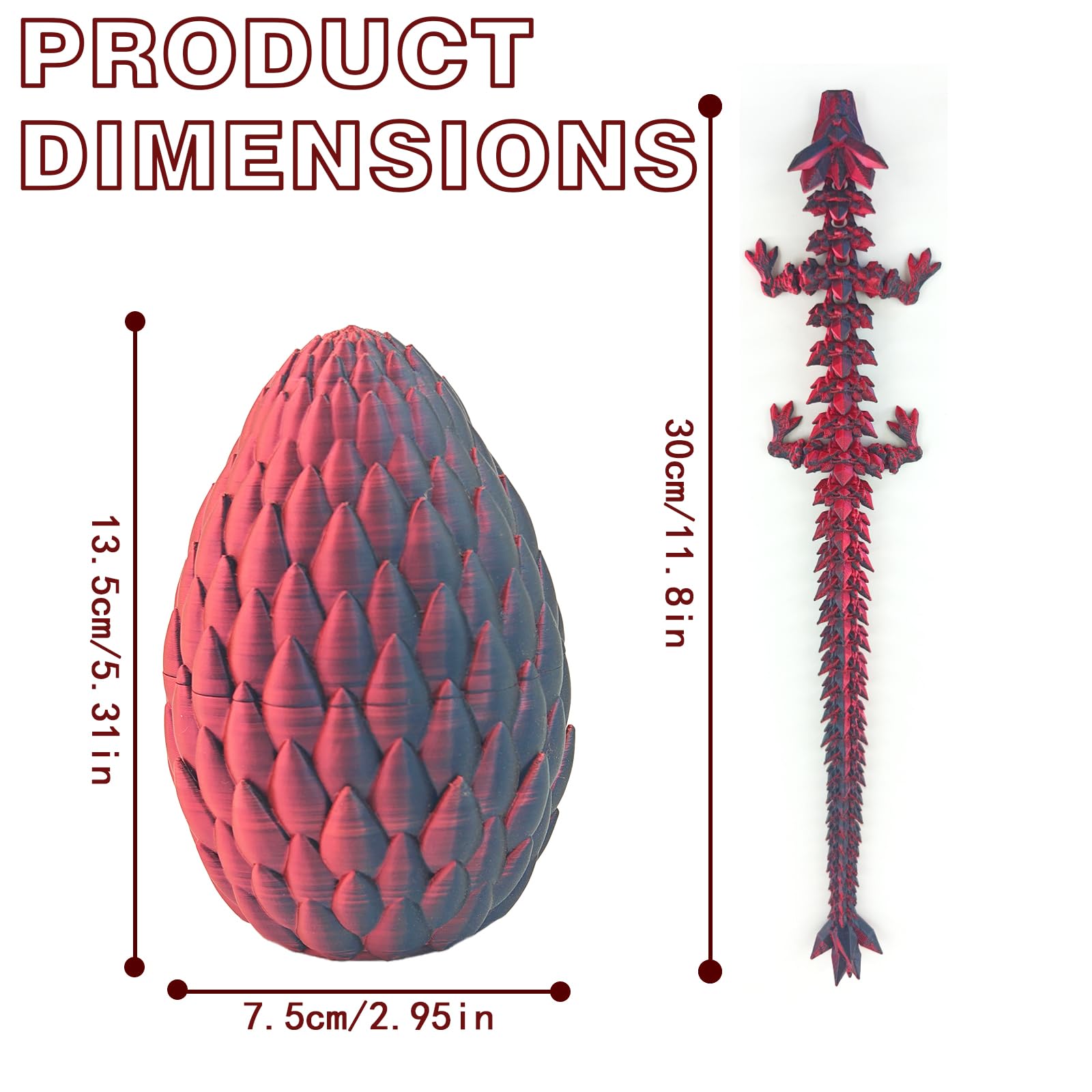 Qxbuhe 12-Inch 3D Printed Articulated Dragon Fidget Toy – Mystery Crystal Design, Black Red, PLA Plastic Desk Decor for Adults & Kids