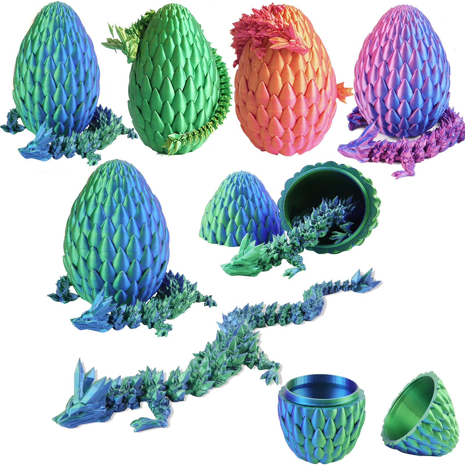 Qxbuhe 12-Inch 3D Printed Dragon Egg – Mystery Crystal Articulated Dragon Fidget Toy for Adults, Home Desk Decor (Cyanine)