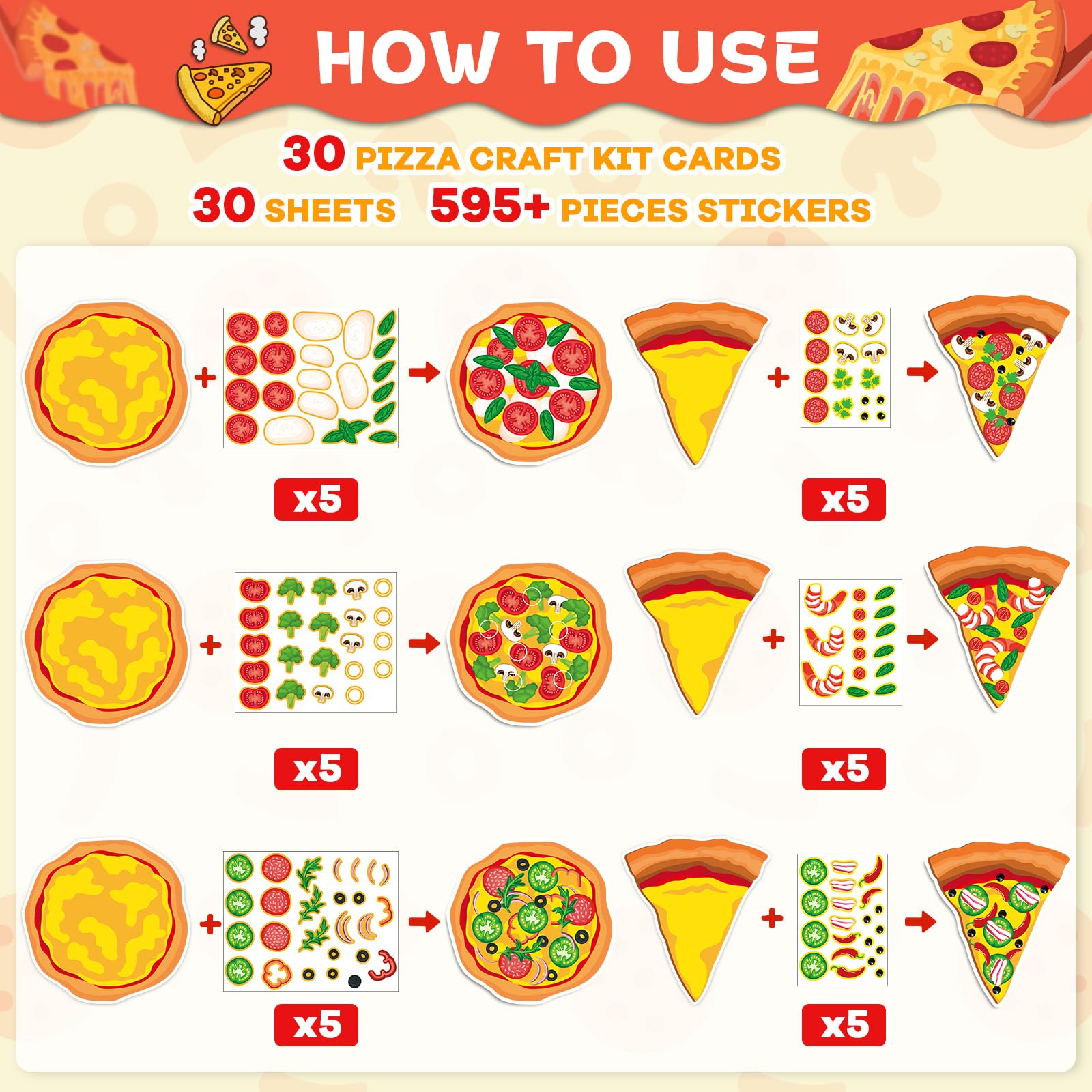 Qyeahkj 30-Piece Pizza Sticker Craft Kit – DIY Topping Stickers for Party Favors and Classroom Activities