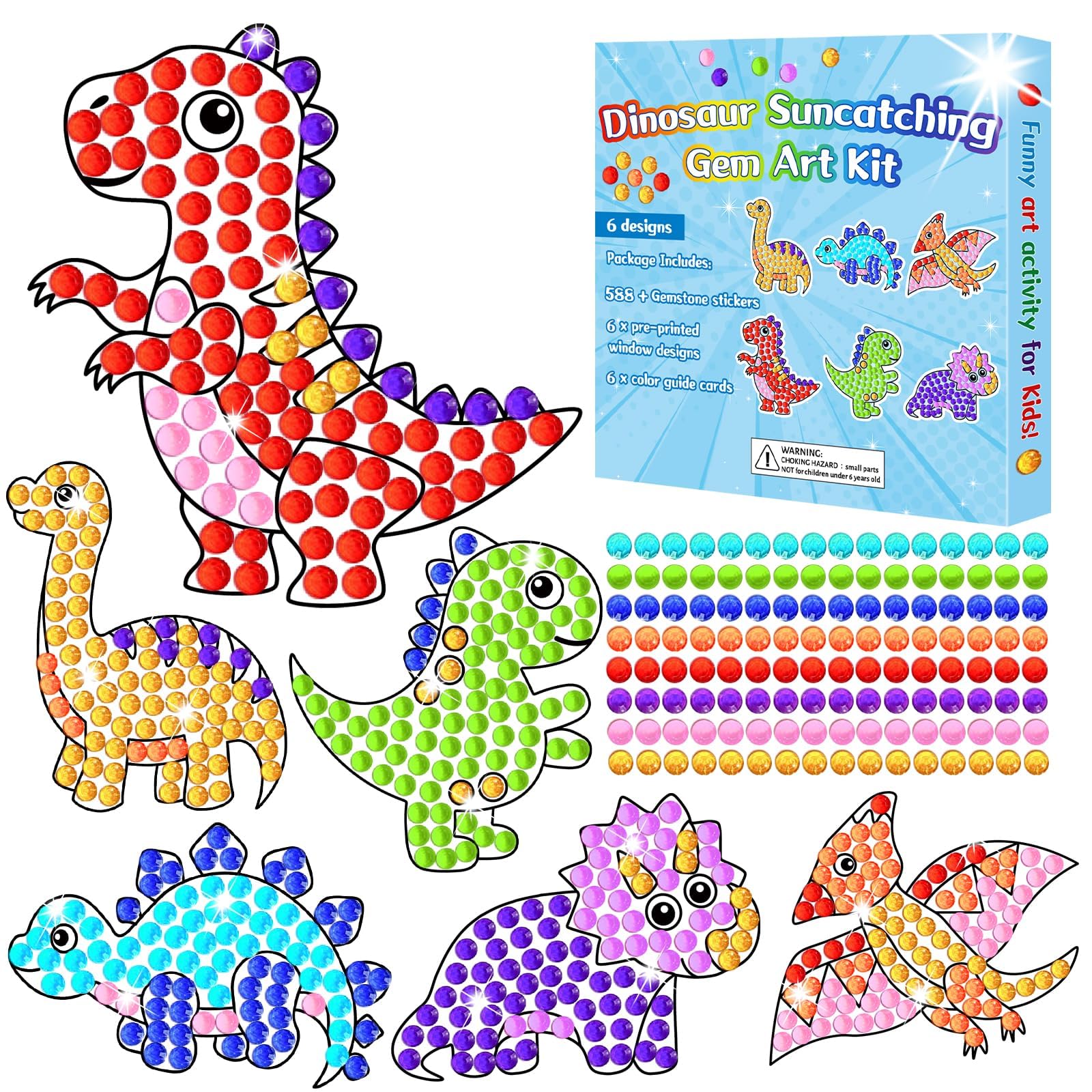 Qyeahkj 6 Pcs Dinosaur Suncatcher Gem Diamond Painting Kit - DIY Dino Arts & Crafts for Adults - Over 588 Stickers