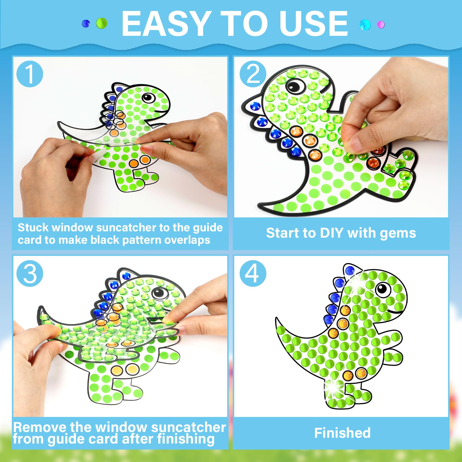 Qyeahkj 6 Pcs Dinosaur Suncatcher Gem Diamond Painting Kit - DIY Dino Arts & Crafts for Adults - Over 588 Stickers