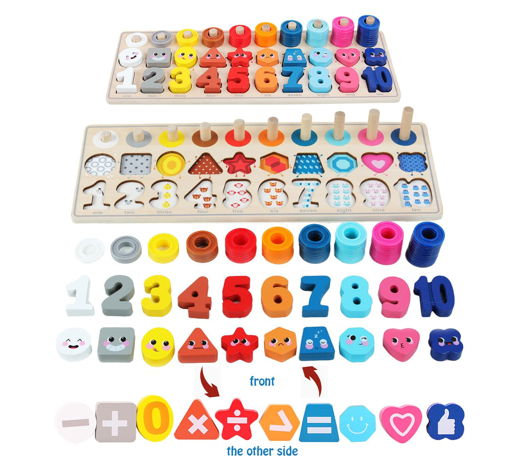 QZMTOY Wooden Montessori 4-in-1 Number Puzzle & Sorting Toy for Toddlers 3-5 Years