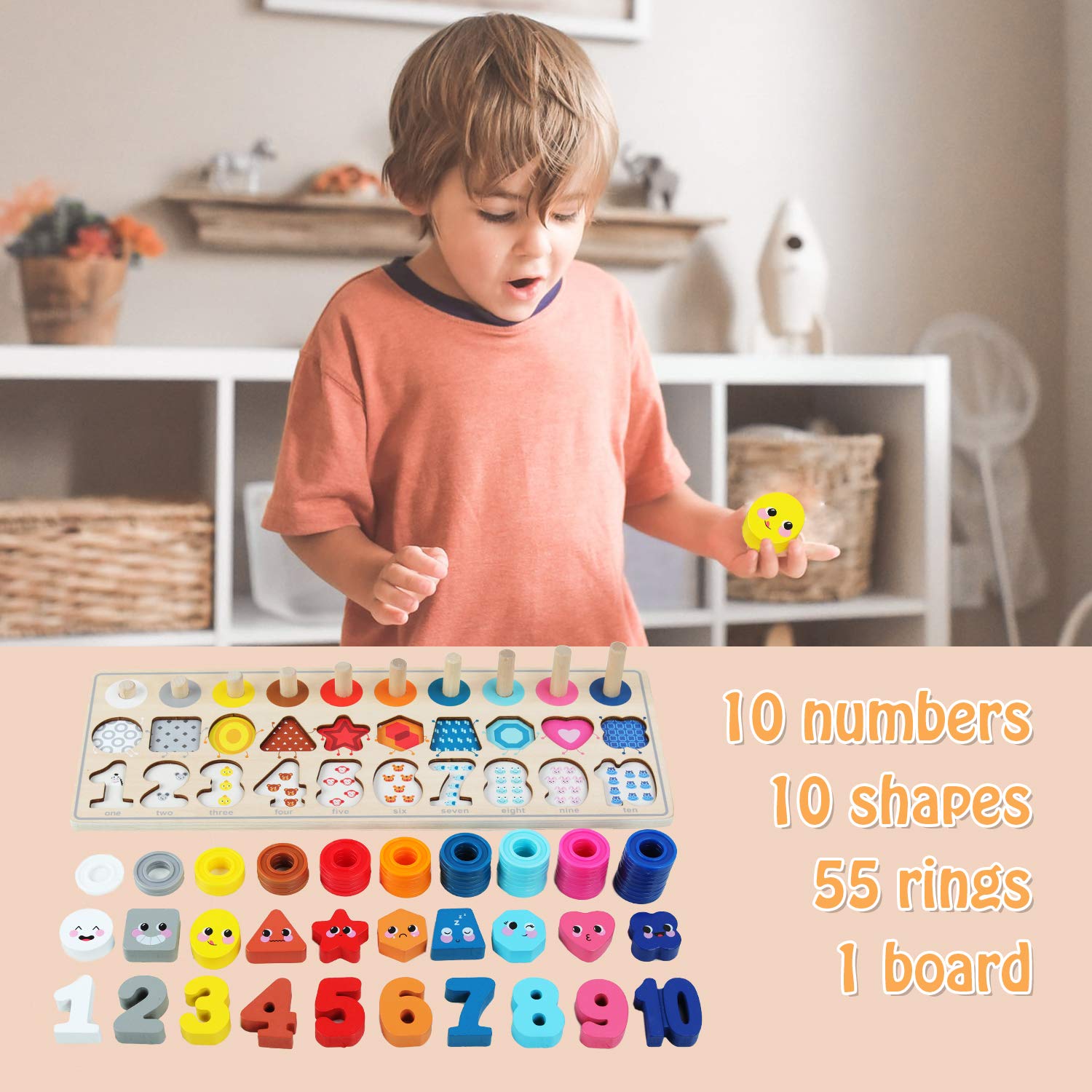 QZMTOY Wooden Montessori 4-in-1 Number Puzzle & Sorting Toy for Toddlers 3-5 Years