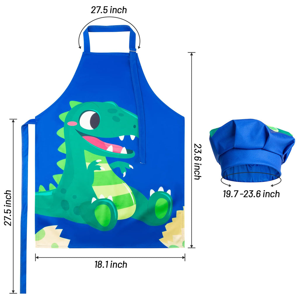 R HORSE 2-Piece Kids Apron & Chef Hat Set – Blue Dinosaur, Adjustable, Ages 3-5