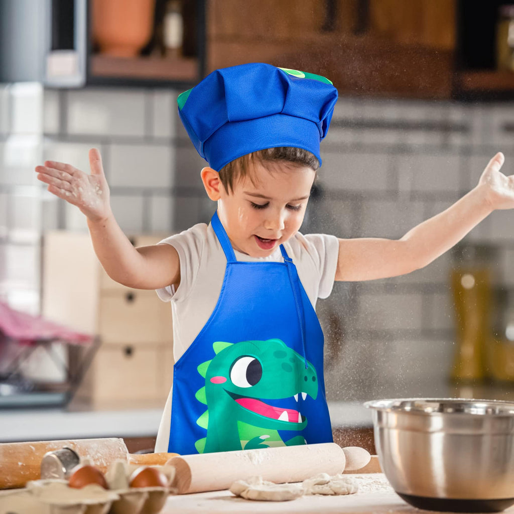 R HORSE 2-Piece Kids Apron & Chef Hat Set – Blue Dinosaur, Adjustable, Ages 3-5