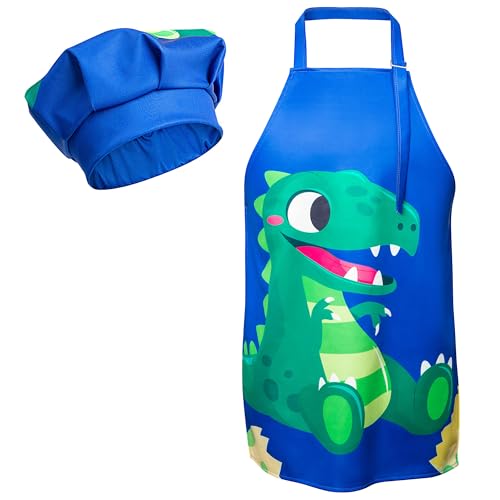 R HORSE 2-Piece Kids Apron & Chef Hat Set – Blue Dinosaur, Adjustable, Ages 3-5