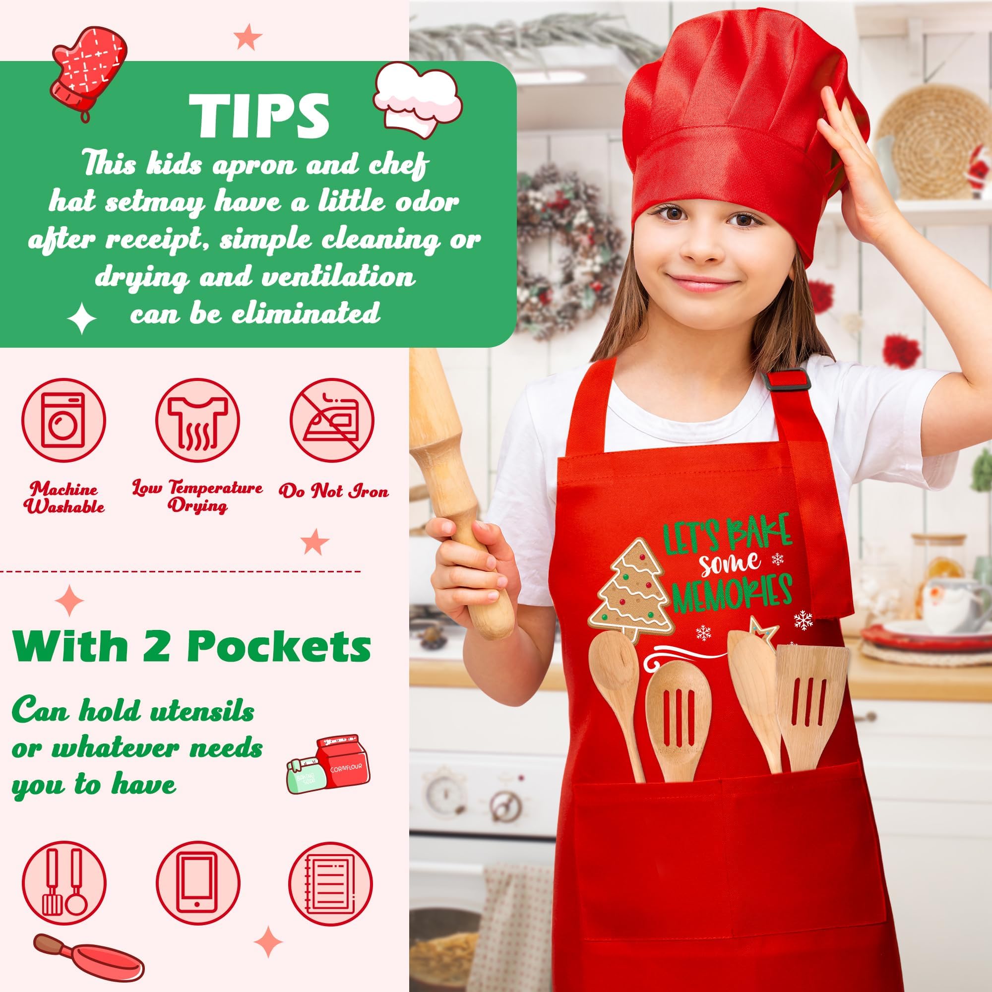 R HORSE Christmas Apron and Chef Hat Set for Kids - 2 Piece Adjustable Red Kitchen Cooking Role Play Gift
