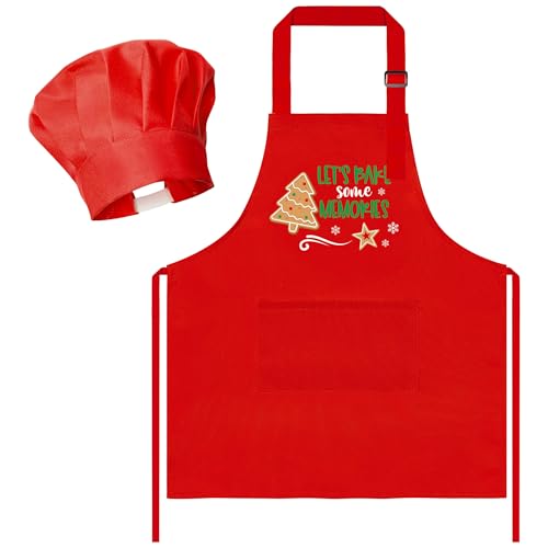 R HORSE Christmas Apron and Chef Hat Set for Kids - 2 Piece Adjustable Red Kitchen Cooking Role Play Gift
