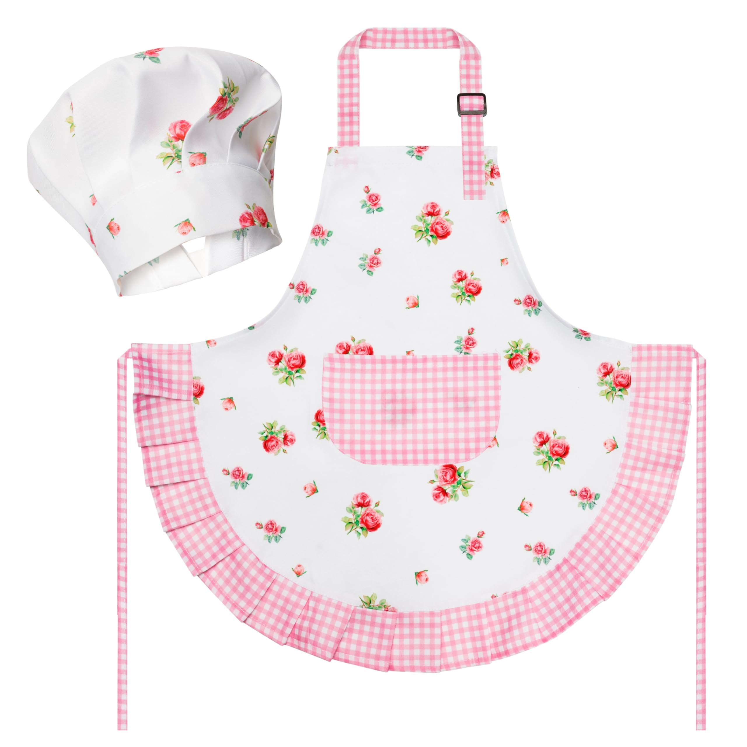 R HORSE Kids Apron and Chef Hat Set - Plaid Floral Adjustable Children's Kitchen Apron for Girls Ages 3-6, Role Play Cooking Baking Painting Toy