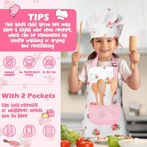 R HORSE Kids Apron and Chef Hat Set - Plaid Floral Adjustable Children's Kitchen Apron for Girls Ages 3-6, Role Play Cooking Baking Painting Toy