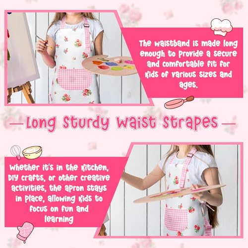 R HORSE Kids Apron and Chef Hat Set - Plaid Floral Adjustable Children's Kitchen Apron for Girls Ages 3-6, Role Play Cooking Baking Painting Toy
