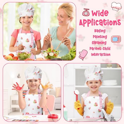 R HORSE Kids Apron and Chef Hat Set - Plaid Floral Adjustable Children's Kitchen Apron for Girls Ages 3-6, Role Play Cooking Baking Painting Toy