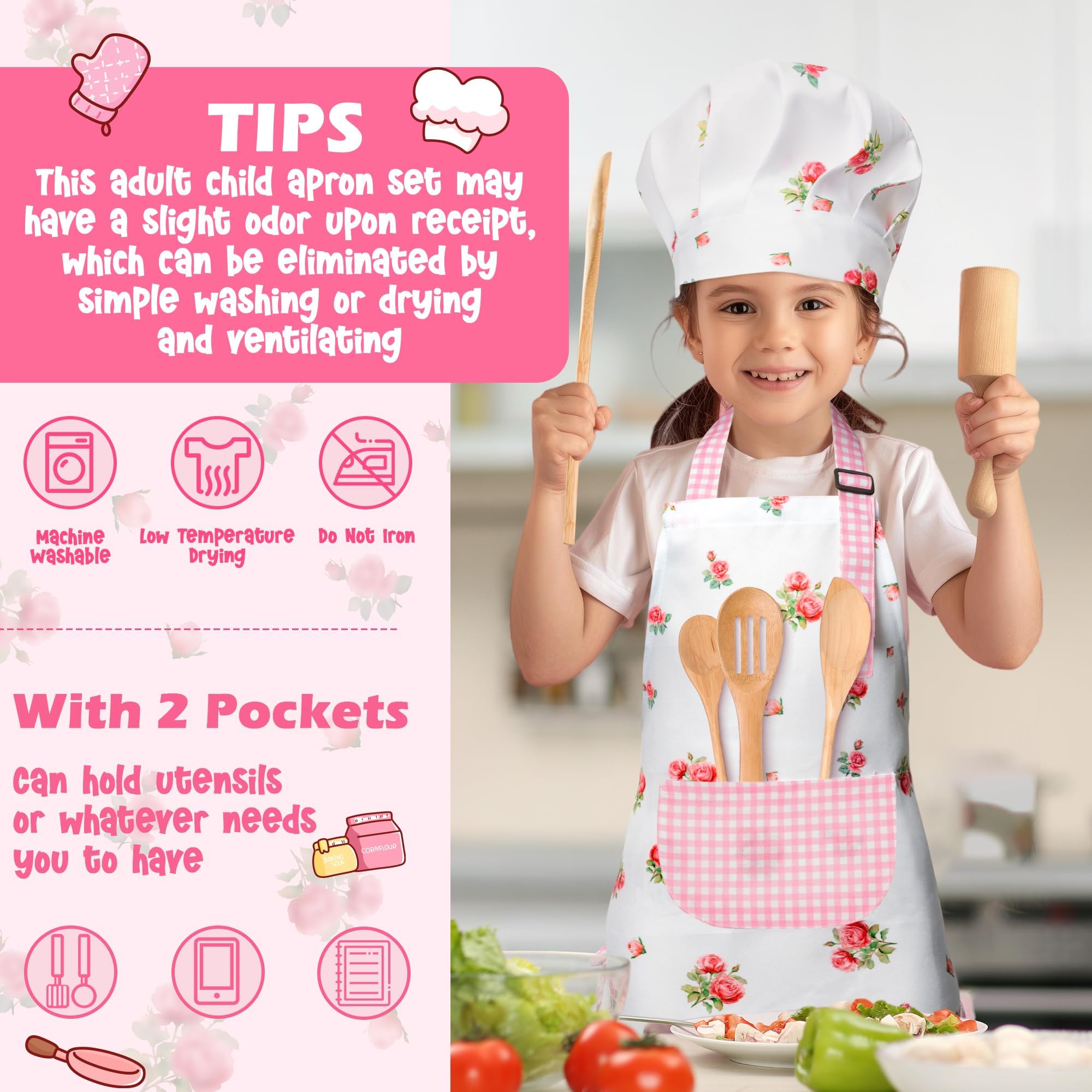 R HORSE Kids Apron and Chef Hat Set - Plaid Floral Adjustable Children's Kitchen Apron for Girls Ages 3-6, Role Play Cooking Baking Painting Toy