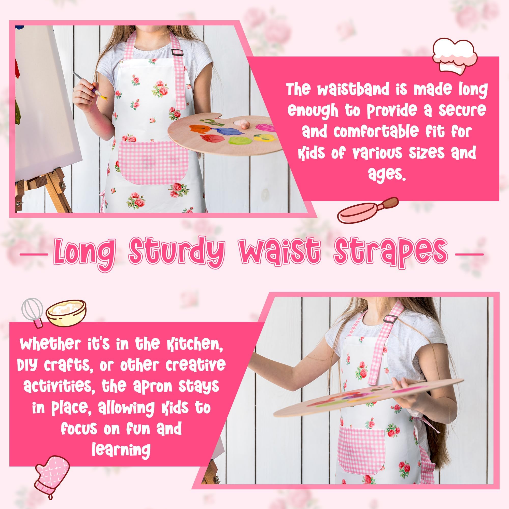 R HORSE Kids Apron and Chef Hat Set - Plaid Floral Adjustable Children's Kitchen Apron for Girls Ages 3-6, Role Play Cooking Baking Painting Toy