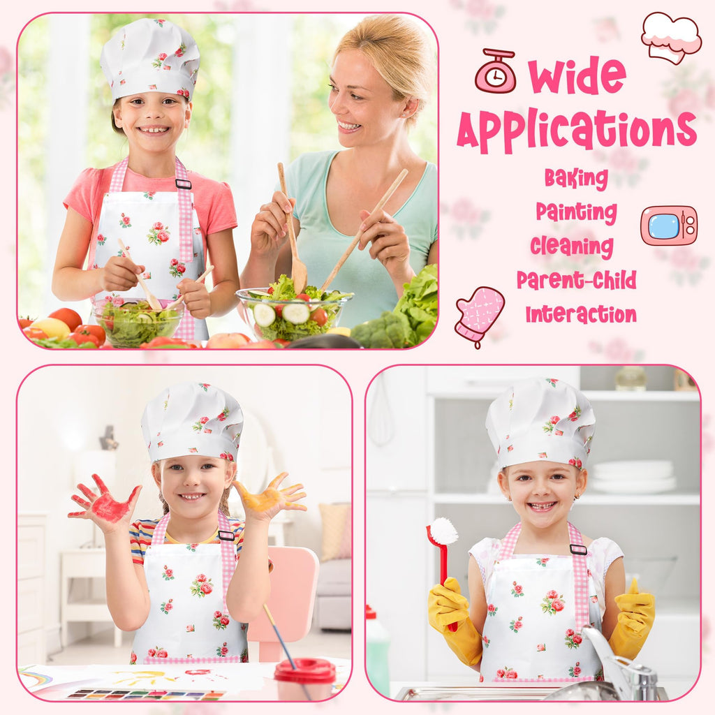 R HORSE Kids Apron and Chef Hat Set - Plaid Floral Adjustable Children's Kitchen Apron for Girls Ages 3-6, Role Play Cooking Baking Painting Toy