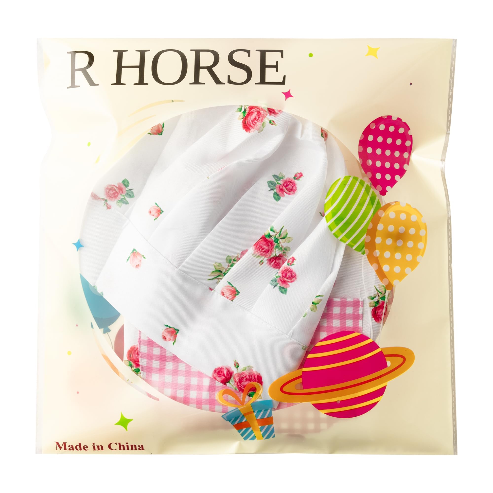 R HORSE Kids Apron and Chef Hat Set - Plaid Floral Adjustable Children's Kitchen Apron for Girls Ages 3-6, Role Play Cooking Baking Painting Toy