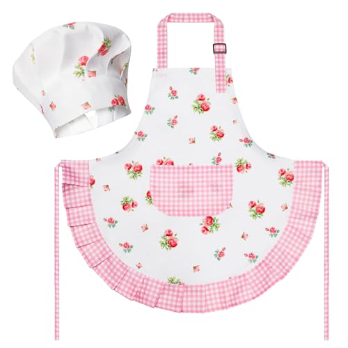 R HORSE Kids Apron and Chef Hat Set - Plaid Floral Adjustable Children's Kitchen Apron for Girls Ages 3-6, Role Play Cooking Baking Painting Toy
