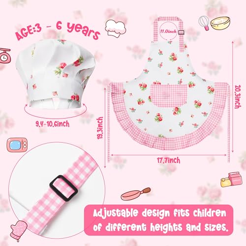 R HORSE Kids Apron and Chef Hat Set - Plaid Floral Adjustable Children's Kitchen Apron for Girls Ages 3-6, Role Play Cooking Baking Painting Toy